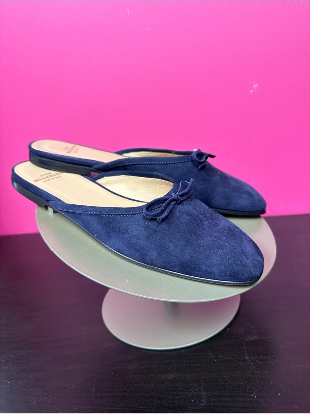 ANN MASHBURN Joy Navy 💙 Suede (slightly rounded) Pointed-Toe Bow Mules